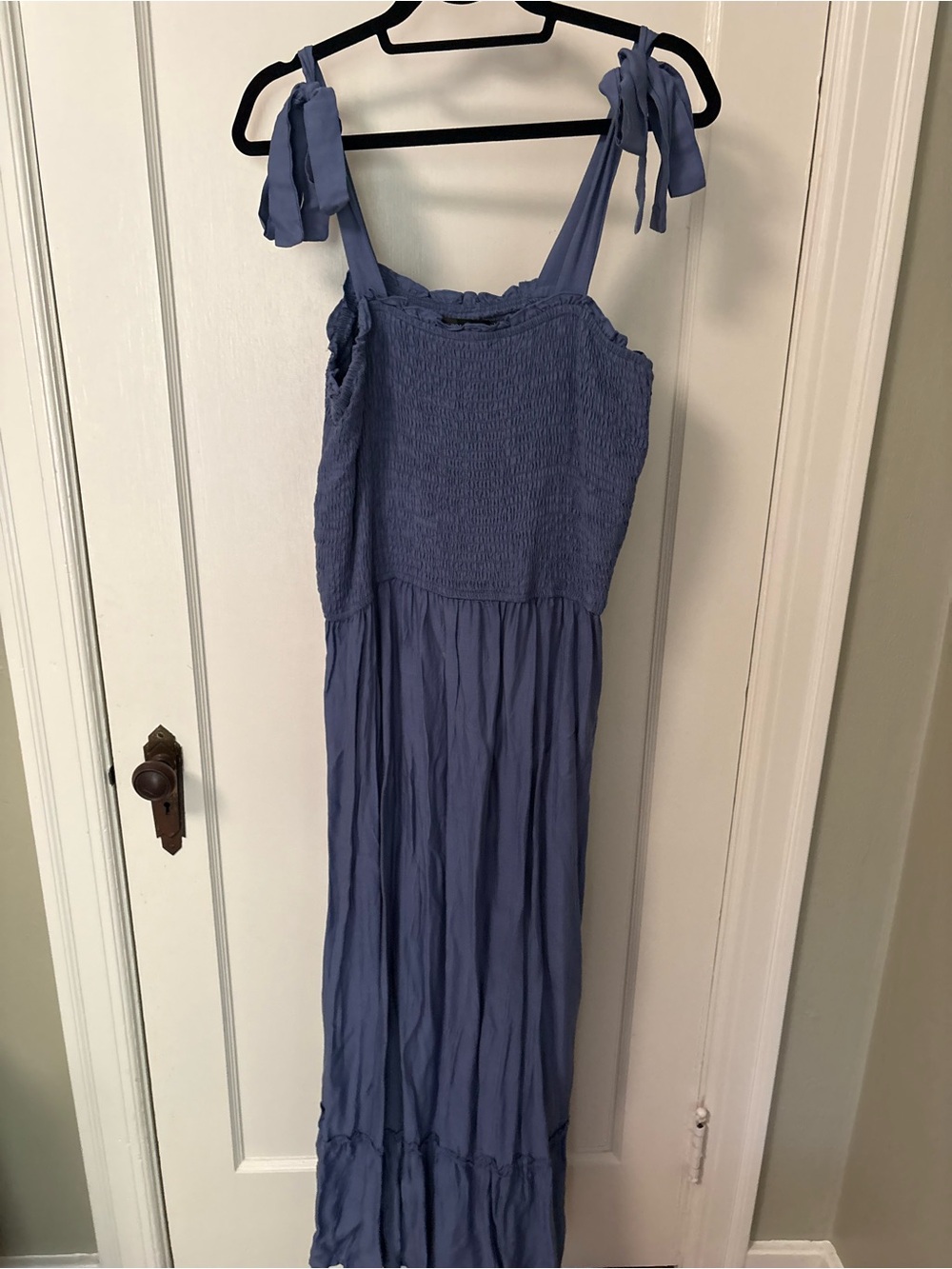 Tie-Shoulder Smocked Maxi Dress in Dusty Blue